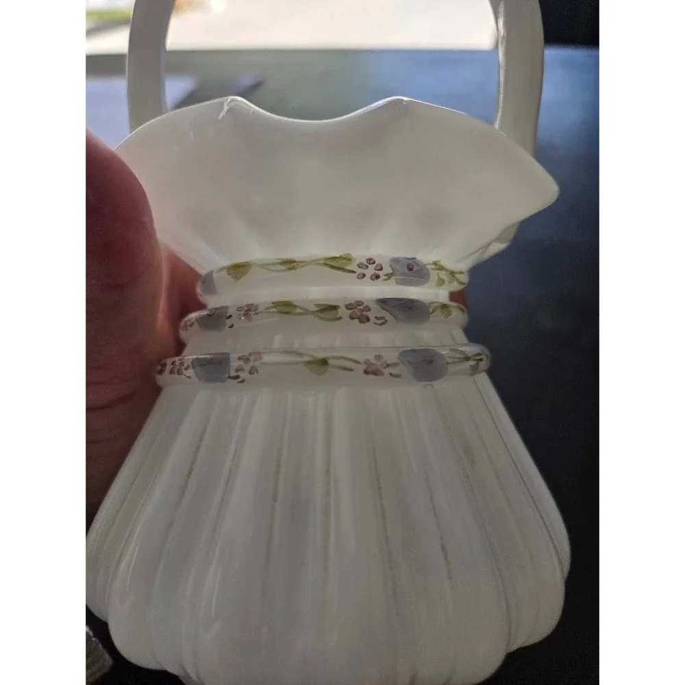 Fenton White Milk Glass Basket Hand Painted C Smith Blue Floral Ruffled Edge